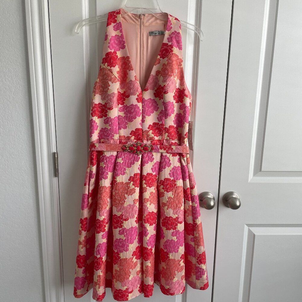 Eliza J Floral Brocade Dress Sz 6 Pink Red Fit & Flare Sleeveless Jeweled NWT